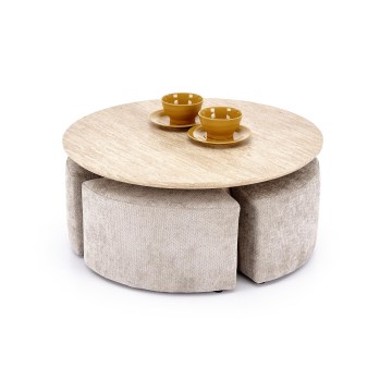 Set Tavolino da salotto NUGAT Ø 80 cm + 4x pouf travertino/grigio