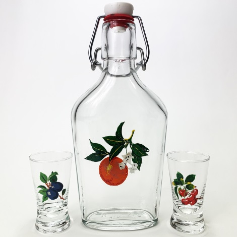 Set vector - 1x grande bottiglia + 2x bicchiere per shot limpido con motivo di frutta