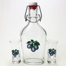 Set vector - 1x grande bottiglia + 2x bicchiere per shot limpido con motivo di prugne