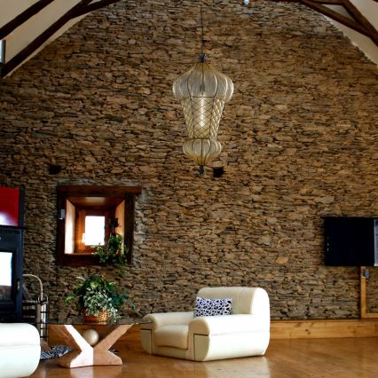 SIRU - Lampadario a sospensione con catena BABÀ 1xE27/60W/230V diametro 30 cm beige/marrone Vetro veneziano