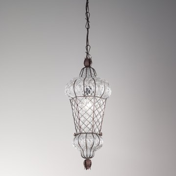 SIRU - Lampadario a sospensione con catena BABÀ 1xE27/60W/230V diametro 30 cm limpido/marrone Vetro veneziano