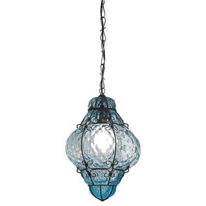 SIRU- Lampadario a sospensione con catena CLASSIC 1xE27/60W/230V diametro 30 cm blu/nero Vetro veneziano