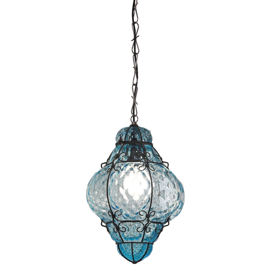 SIRU- Lampadario a sospensione con catena CLASSIC 1xE27/60W/230V diametro 30 cm blu/nero Vetro veneziano
