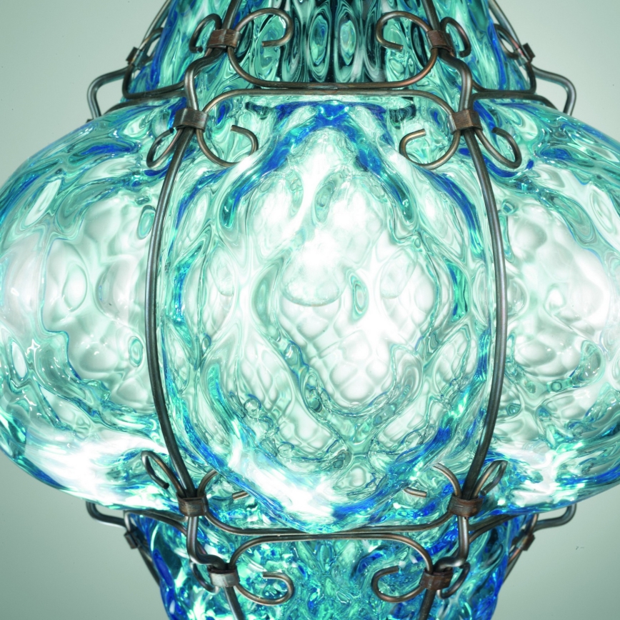 SIRU- Lampadario a sospensione con catena CLASSIC 1xE27/60W/230V diametro 30 cm blu/nero Vetro veneziano