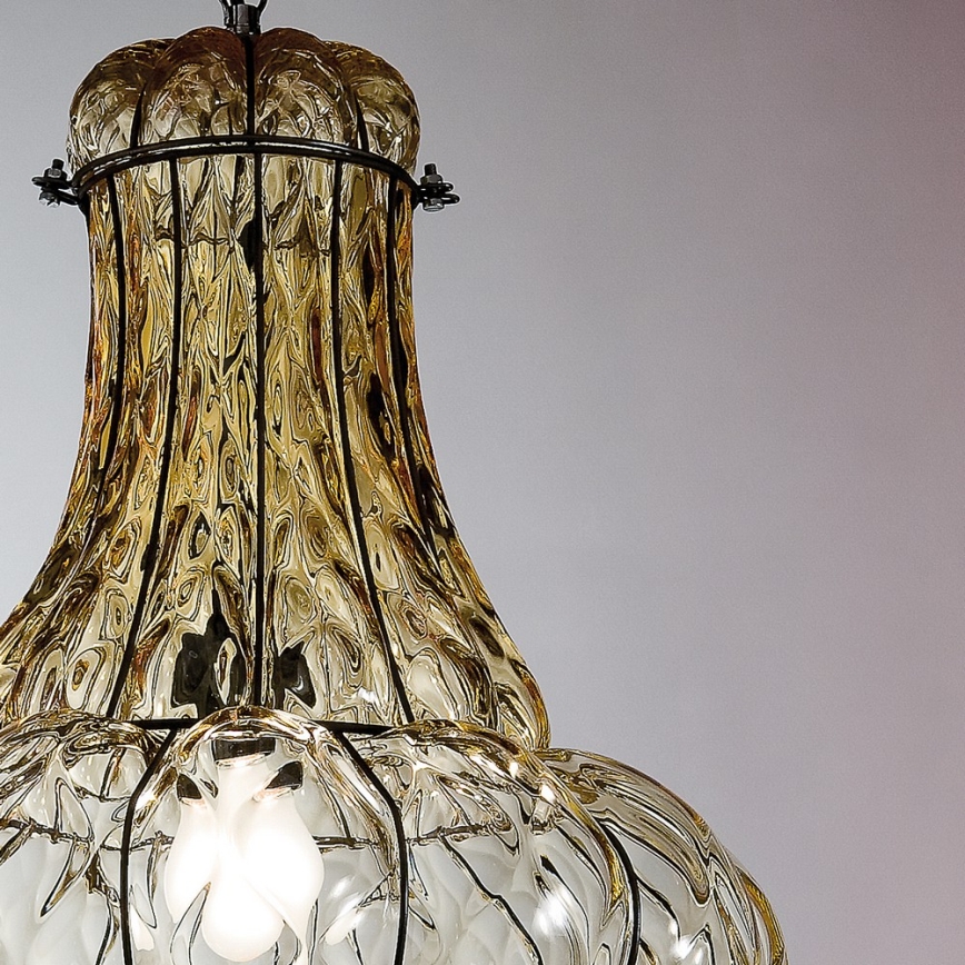 SIRU - Lampadario a sospensione con catena DOGE 1xE27/60W/230V diametro 30 cm beige/nero Vetro veneziano