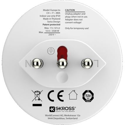 SKROSS - Adattatore da viaggio Brasile/Italia/Svizzera 10A