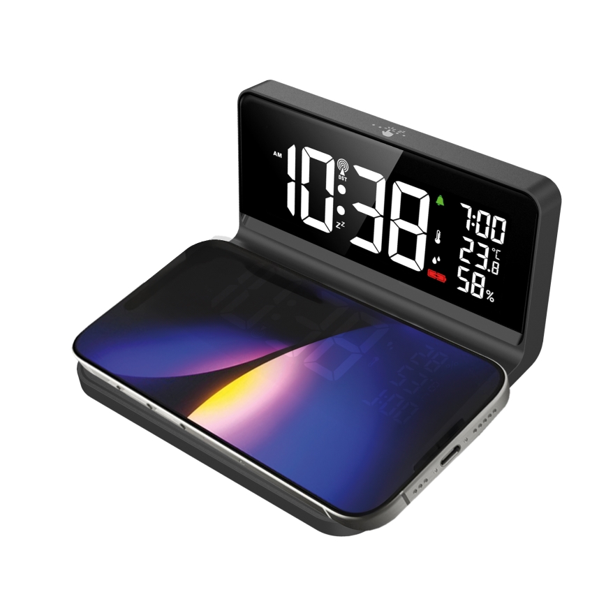 Solight CA06 - LED Orologio a sveglia con display LCD e ricarica wireless Qi LED/10W/230V