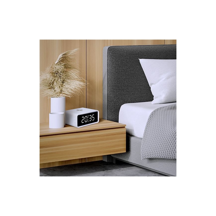 Orologio digitale con ricarica wireless Qi, alimentazione 230V e batteria tampone CR2032, bianco