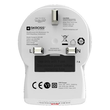 Adattatore da viaggio per il Regno Unito 230V + 2x porte USB