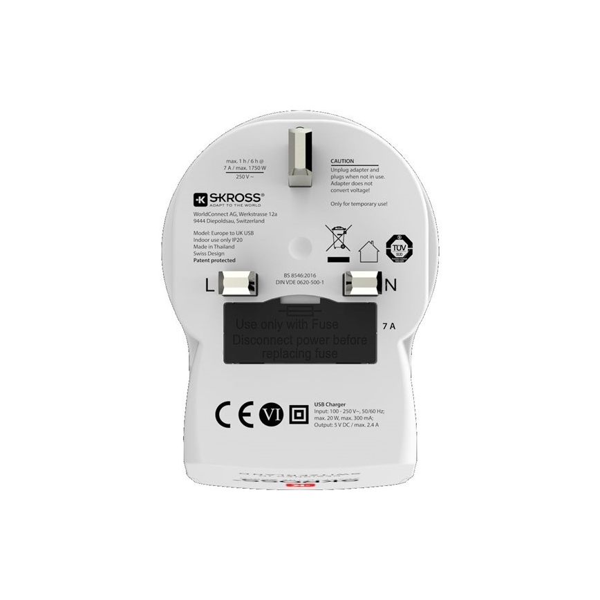 Adattatore da viaggio per il Regno Unito 230V + 2x porte USB