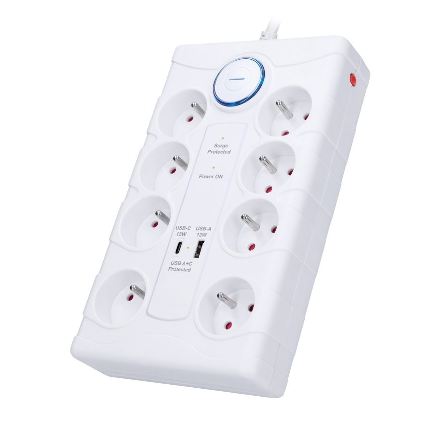 Multipresa con interruttore e protezione da sovratensioni, 8 prese (Tipo E) + 1x USB-A + 1x USB-C, cavo 2 m, bianco