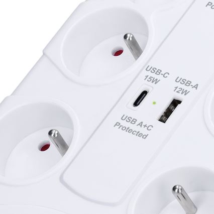 Multipresa con interruttore e protezione da sovratensioni, 8 prese (Tipo E) + 1x USB-A + 1x USB-C, cavo 2 m, bianco