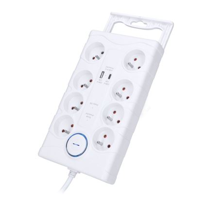 Multipresa con interruttore e protezione da sovratensioni, 8 prese (Tipo E) + 1x USB-A + 1x USB-C, cavo 2 m, bianco