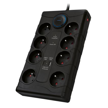 Cavo di prolunga con interruttore e protezione contro le sovratensioni 8Z Tipo E + 1x USB-A + 1x USB-C 2m nero