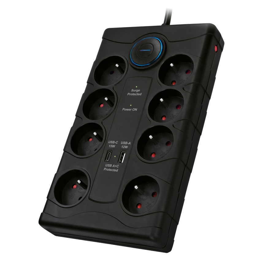 Cavo di prolunga con interruttore e protezione contro le sovratensioni 8Z Tipo E + 1x USB-A + 1x USB-C 2m nero