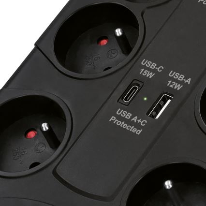 Cavo di prolunga con interruttore e protezione contro le sovratensioni 8Z Tipo E + 1x USB-A + 1x USB-C 2m nero