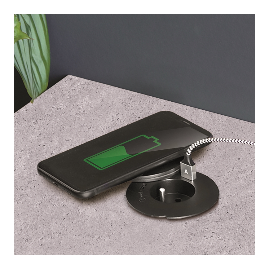 Presa da incasso con ricarica wireless da 10 W, 1 presa + USB A+C, nera