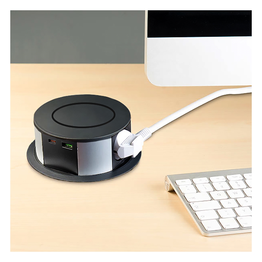 Colonna per tavolo con ricarica wireless Qi 3x230V + 1xUSB-A + 1xUSB-C nero/argento