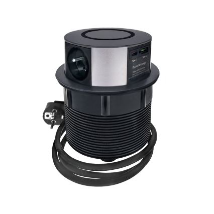 Colonna per tavolo con ricarica wireless Qi 3x230V + 1xUSB-A + 1xUSB-C nero/argento