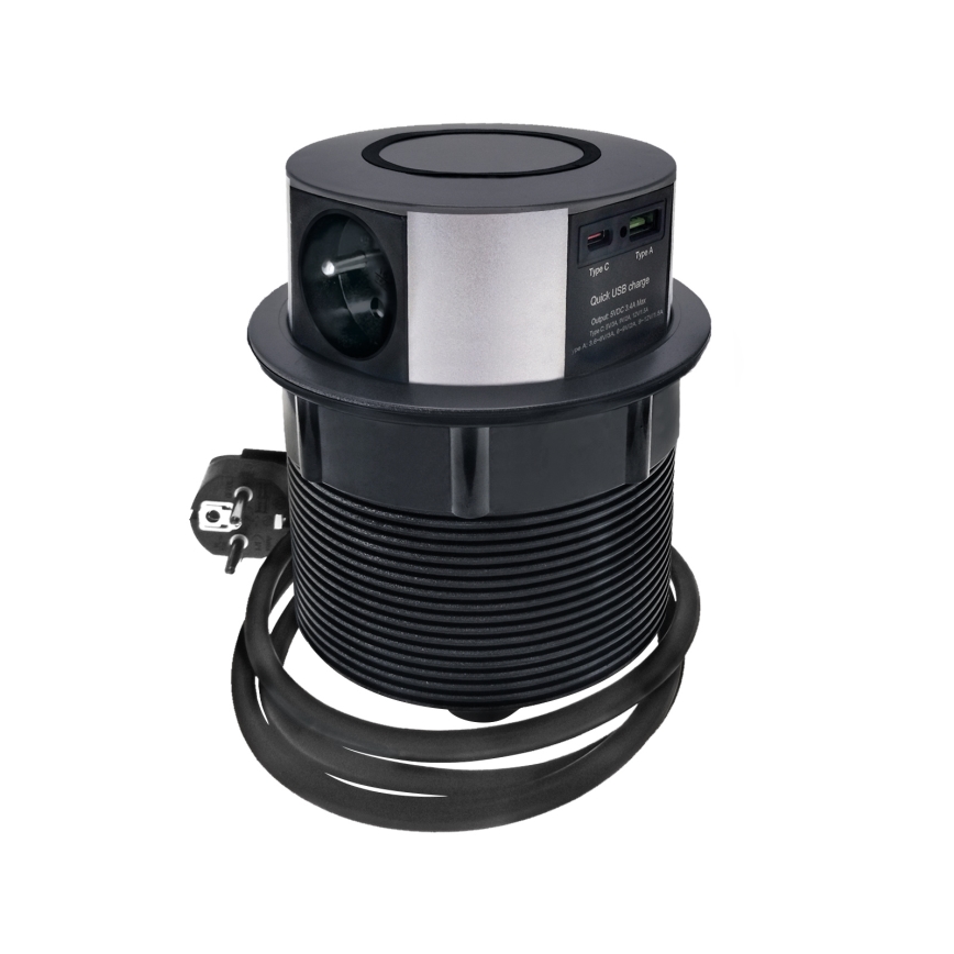 Colonna per tavolo con ricarica wireless Qi 3x230V + 1xUSB-A + 1xUSB-C nero/argento