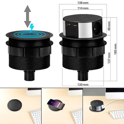 Colonna per tavolo con ricarica wireless Qi 3x230V + 1xUSB-A + 1xUSB-C nero/argento
