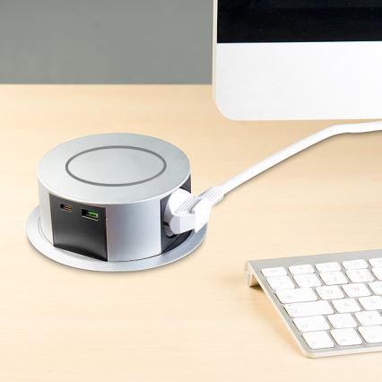 Colonna per tavolo con ricarica wireless Qi 3x230V + 1xUSB-A + 1xUSB-C argento/nero