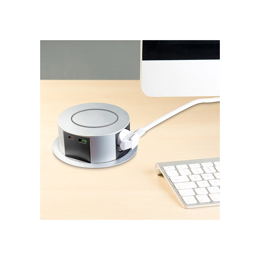 Colonna per tavolo con ricarica wireless Qi 3x230V + 1xUSB-A + 1xUSB-C argento/nero