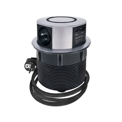 Colonna per tavolo con ricarica wireless Qi 3x230V + 1xUSB-A + 1xUSB-C argento/nero