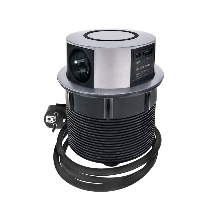 Colonna per tavolo con ricarica wireless Qi 3x230V + 1xUSB-A + 1xUSB-C argento/nero