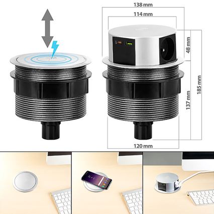 Colonna per tavolo con ricarica wireless Qi 3x230V + 1xUSB-A + 1xUSB-C argento/nero