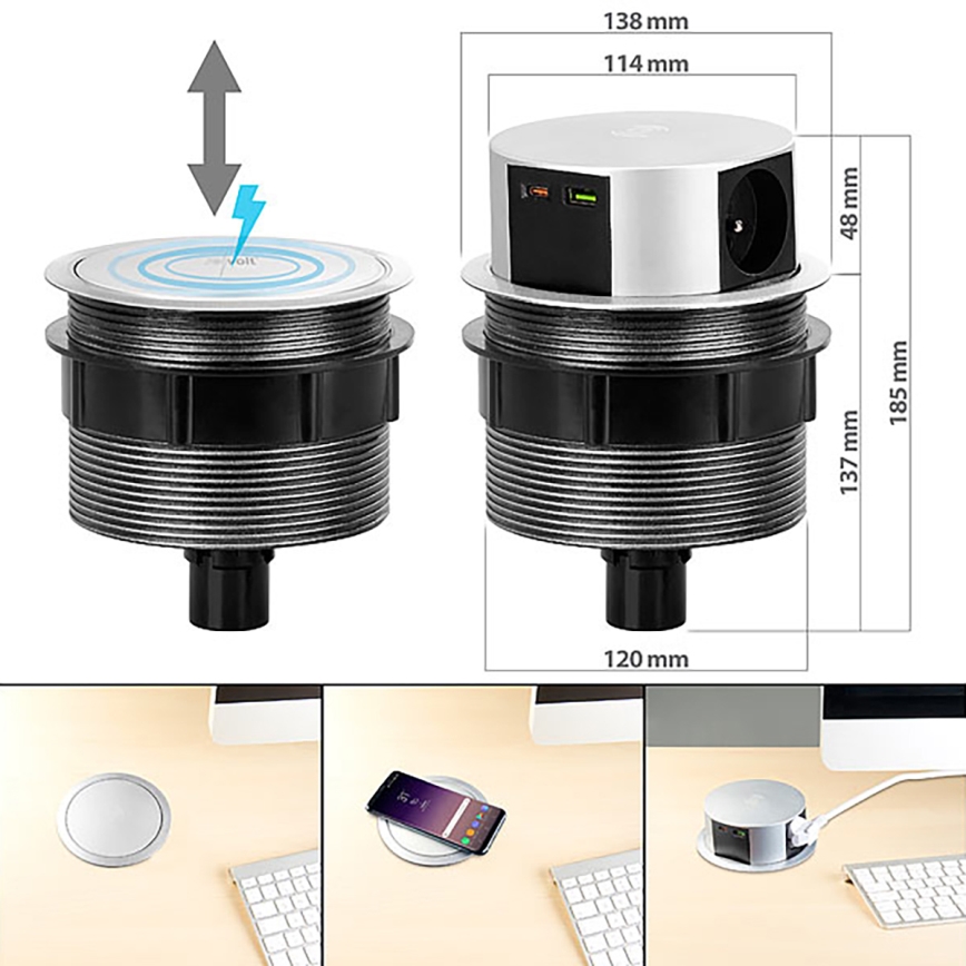 Colonna per tavolo con ricarica wireless Qi 3x230V + 1xUSB-A + 1xUSB-C argento/nero