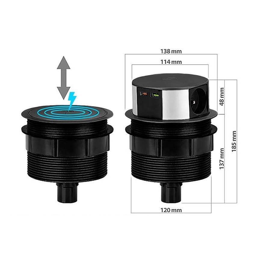 Colonna presa da tavolo 3x230V + 2xUSB+ricarica wireless