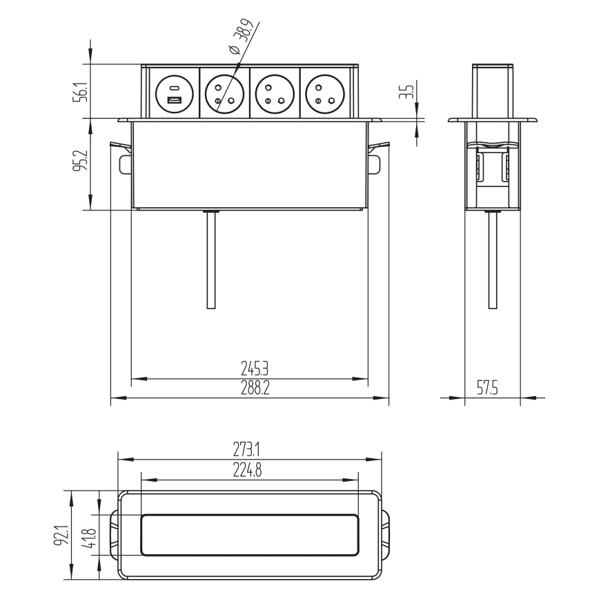 Colonna di prese per tavolo 3x230V + USB-A + USB-C