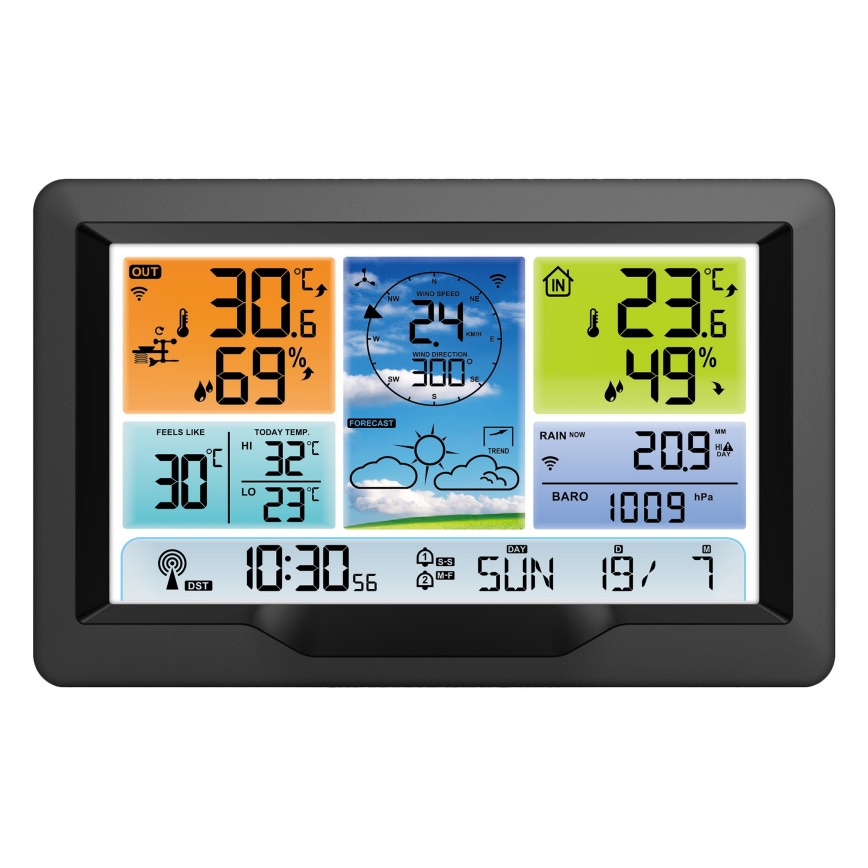 Stazione meteo professionale con display LCD a colori e sveglia 5V/2xAA + 3xAA