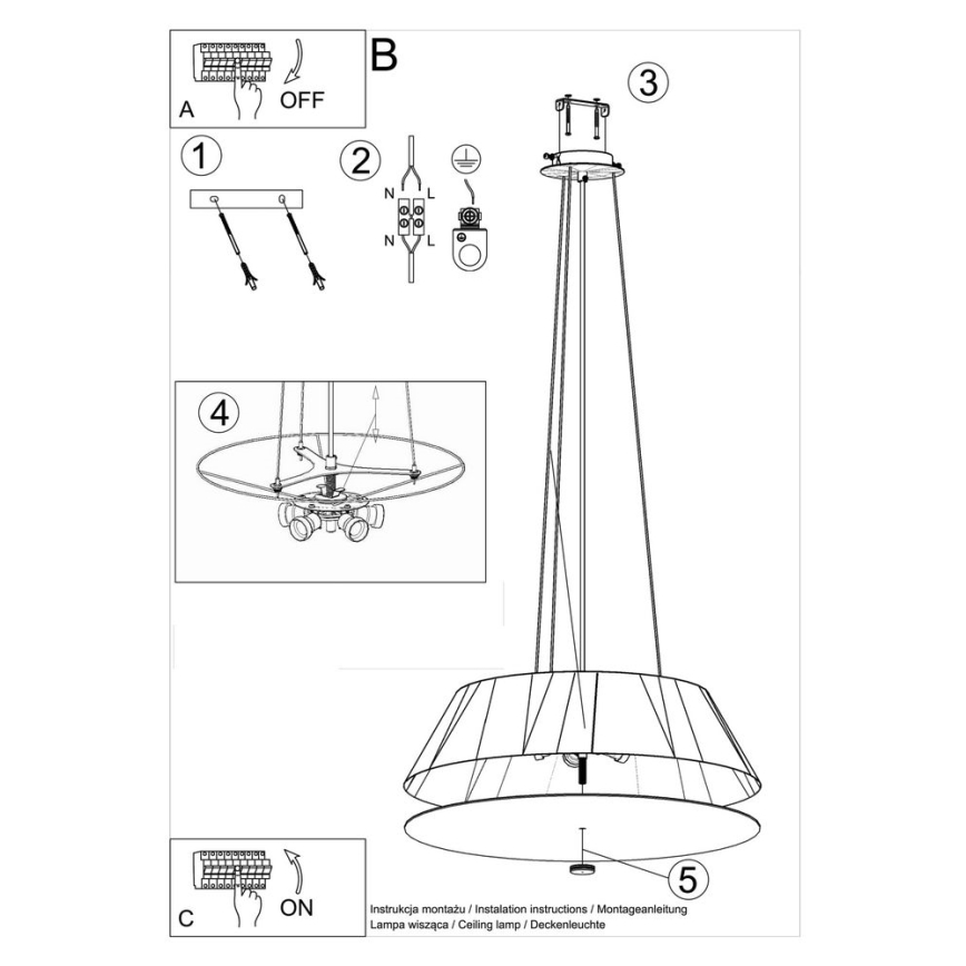 Lampadario su filo VEGA 5xE27/60W/230V d. 60 cm nero