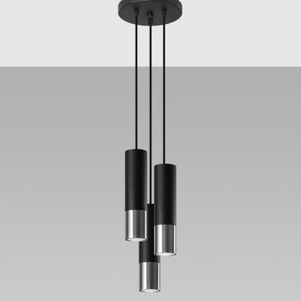 Lampadario a sospensione con filo LOOPEZ 3xGU10/10W/230V arrotondato nero/cromo lucido