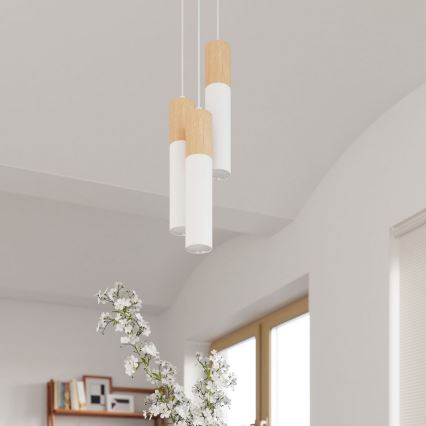 Lampadario a sospensione con filo PABLO 3xGU10/40W/230V bianco/faggio