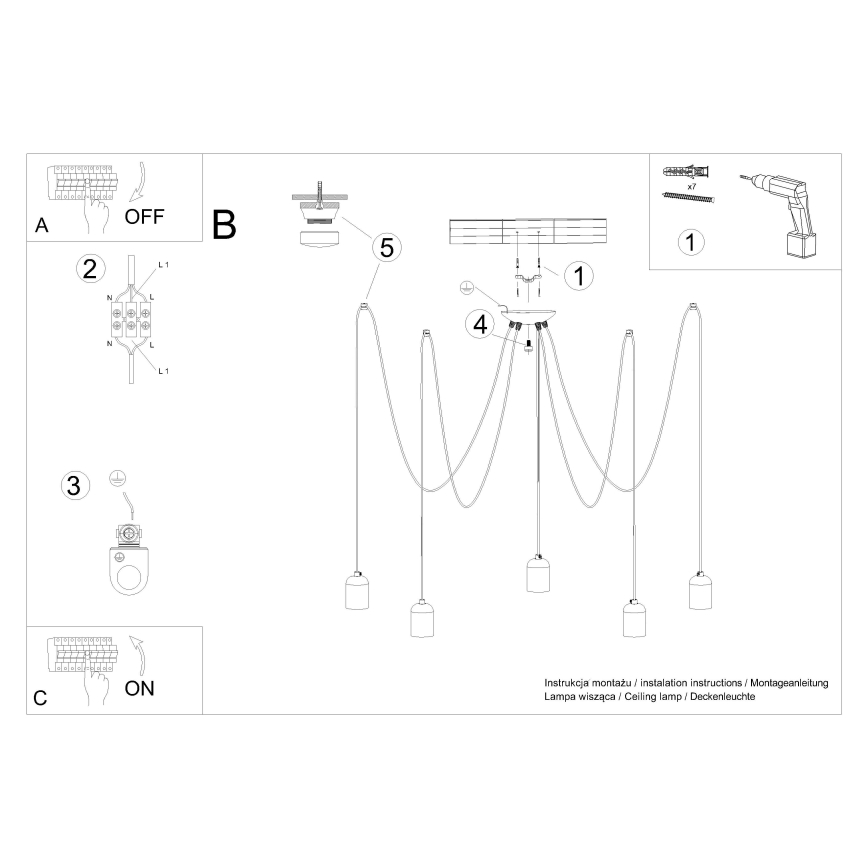 Lampadario a sospensione con filo NESO 5xE27/15W/230V ragno calcestruzzo
