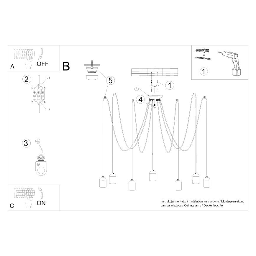 Lampadario a sospensione con filo NESO 7xE27/15W/230V ragno calcestruzzo