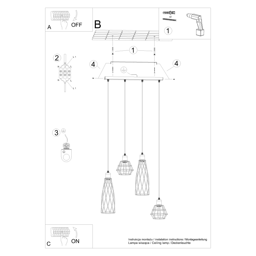 Lampadario a sospensione con filo SUBA 4xE27/15W/230V nero