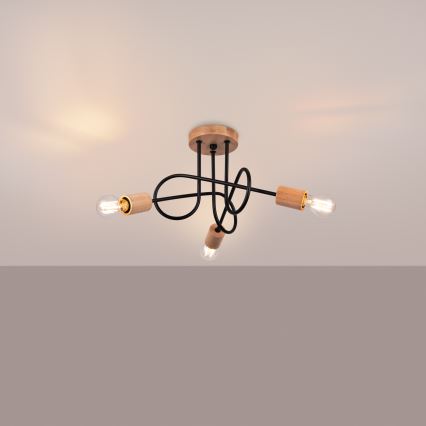 Lampadario a plafone EMBER 3xE27/15W/230V nero/beige/faggio