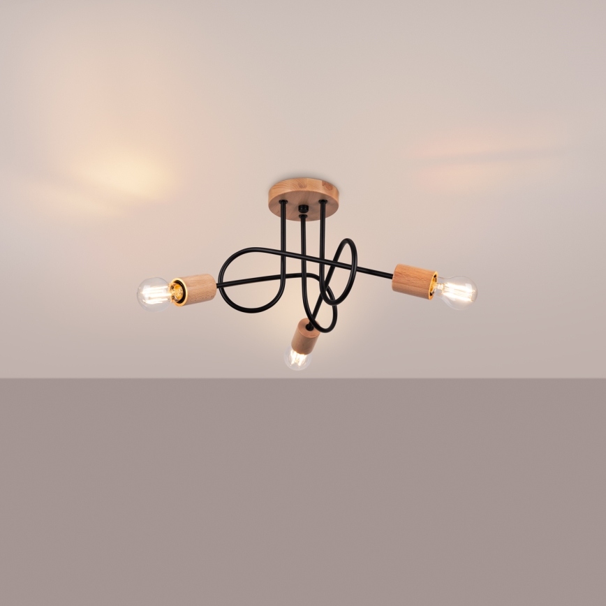 Lampadario a plafone EMBER 3xE27/15W/230V nero/beige/faggio