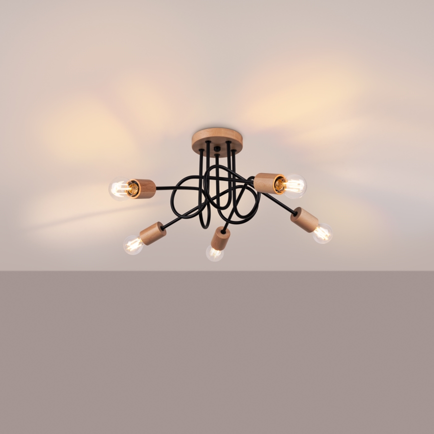 Lampadario a plafone EMBER 5xE27/15W/230V nero/beige/faggio