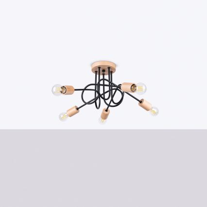 Lampadario a plafone EMBER 5xE27/15W/230V nero/beige/faggio