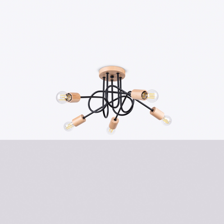 Lampadario a plafone EMBER 5xE27/15W/230V nero/beige/faggio