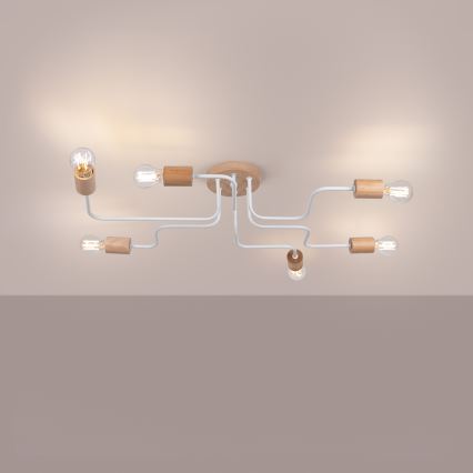 Lampadario a plafone TIMBO 6xE27/15W/230V bianco/beige/faggio