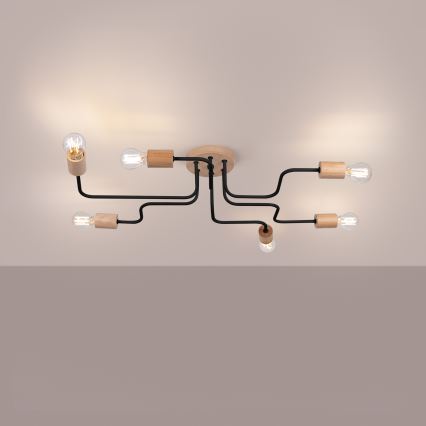 Lampadario a plafone TIMBO 6xE27/15W/230V nero/beige/faggio