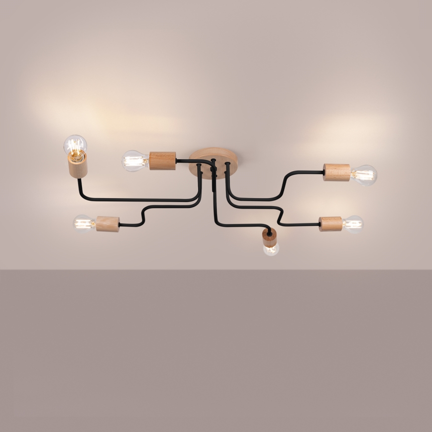 Lampadario a plafone TIMBO 6xE27/15W/230V nero/beige/faggio