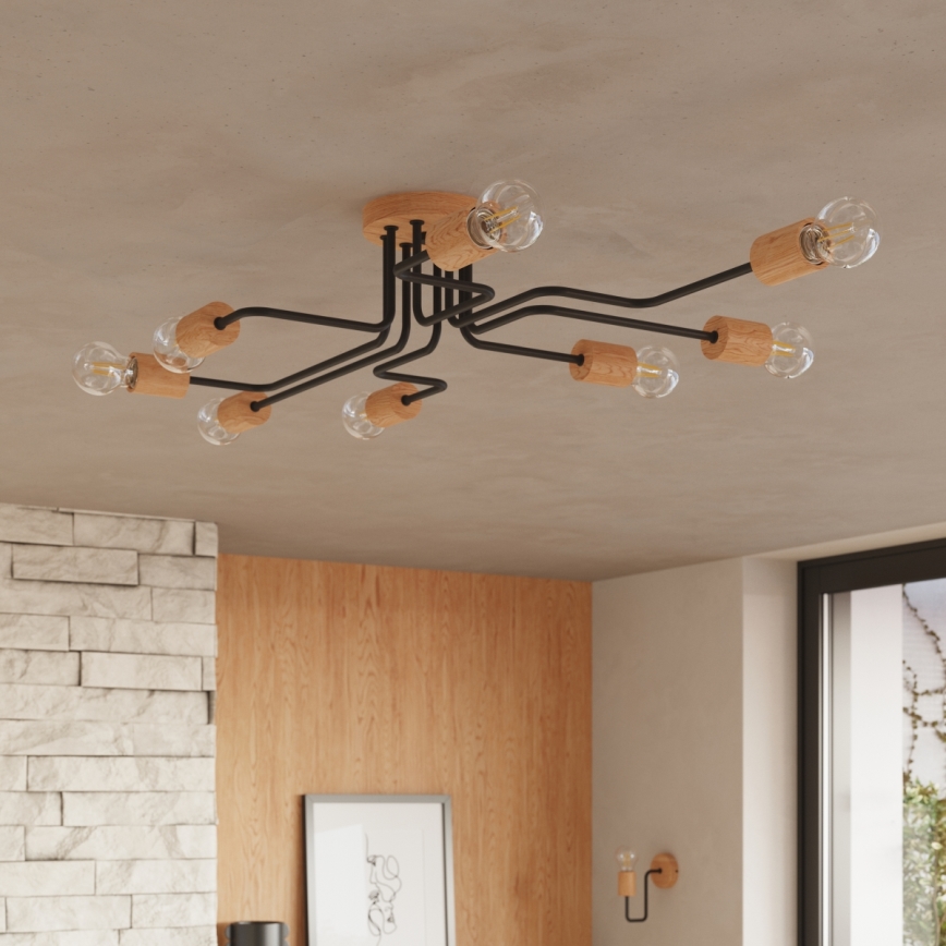 Lampadario a plafone TIMBO 8xE27/15W/230V nero/beige/faggio