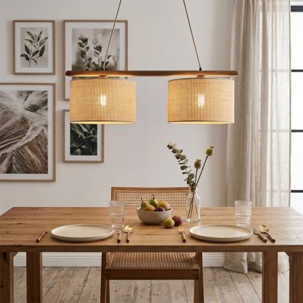 Sospensione a cavo AIDA 2xE27/15W/230V Ø 35 cm rovere/raffia